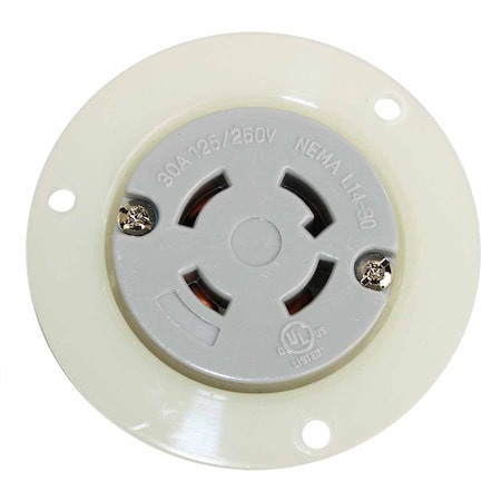 Superior Electric Flanged Locking Receptacle, 14-30R, 30 A, 125/250V AC, 3 Pole, White YGF043F
